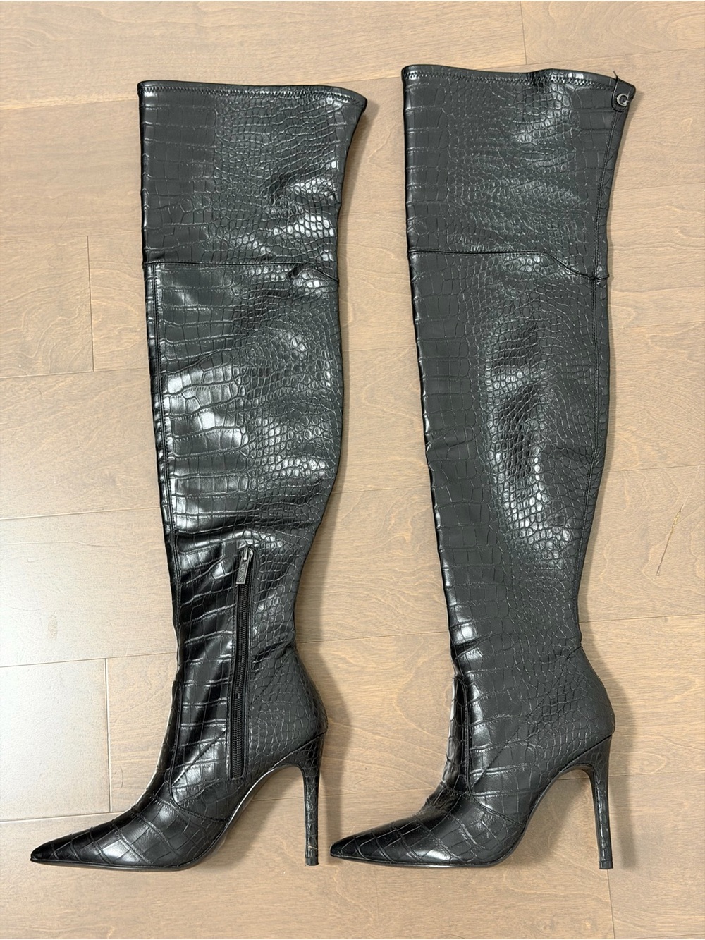 GUESS Black Croc-Embossed Over-the-Knee Stiletto Boots - Picture 5 of 7